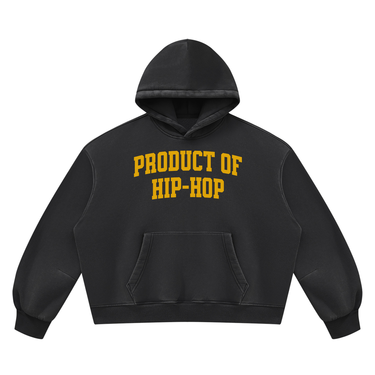 PRODUCT OF HIP-HOP Vintage Wash Boxy Fleece Hoodie — Black / Golden Yellow