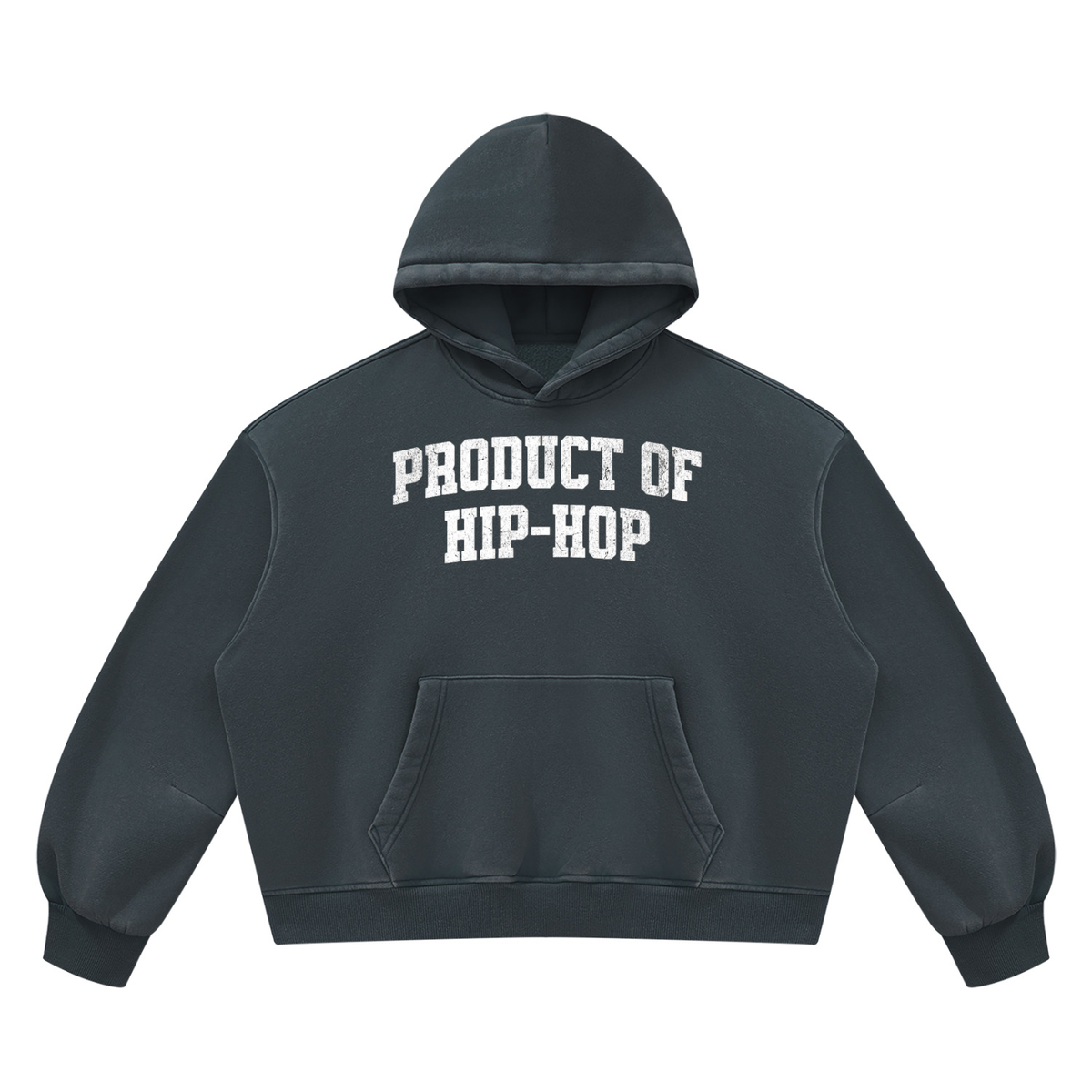PRODUCT OF HIP-HOP Vintage Wash Boxy Fleece Hoodie — Navy Blue / White
