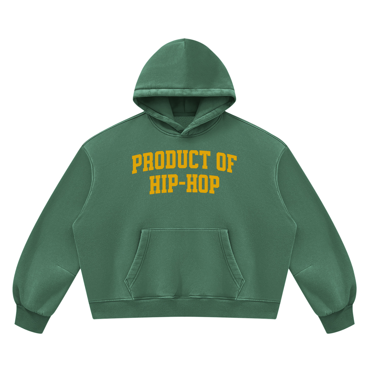 PRODUCT OF HIP-HOP Vintage Wash Boxy Fleece Hoodie — Dark Green / Golden Yellow