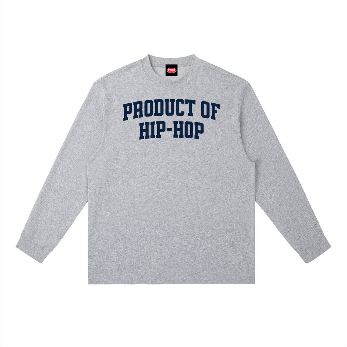 PRODUCT OF HIP-HOP Crewneck Long-Sleeve T-Shirt— Light Gray / Navy Blue